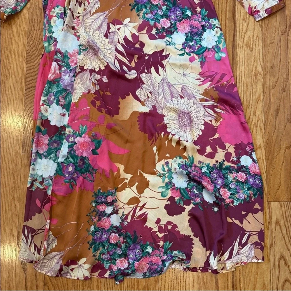 NWT Lulus Put on a Smile Burgundy Floral Print Satin Wrap Maxi Dress- Sz Medium - Picture 5 of 9